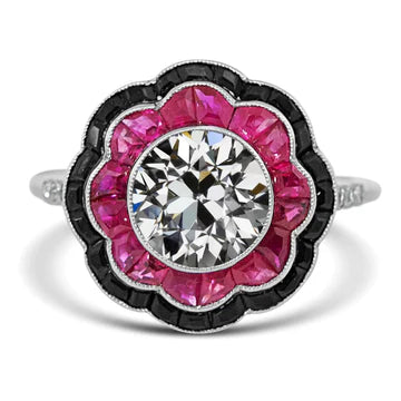 Halo Art Deco Sieraden Nieuwe Oude Geslepen Echt Diamant Ring Zwarte Onyx & Roze Saffier Bloem Stijl