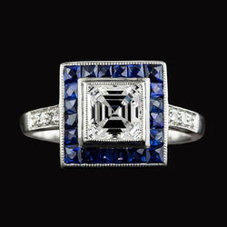 Halo Asscher uit de aarde gewonnen diamanten & trapeze blauwe saffieren ring 5 karaat goud
