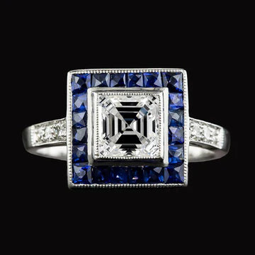 Halo Asscher Echt Diamant & Trapezium Blauwe Saffieren Ring 5 Karaat Goud