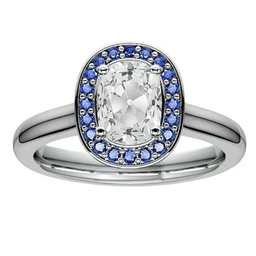 Halo Kussen Old Mine Cut Echt Diamond Blue Sapphire Ring 5,50 Karaat