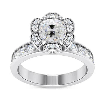 Halo Kussen Old Mine Cut Echt Diamond Ring Bloemstijl 5 Karaat