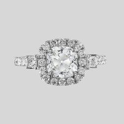 Halo Kussenvormige Ring Oude Mijnwerker Echt Diamanten 3 Karaat 3 Stenen Stijl