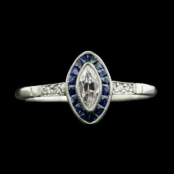 Halo Marquise Old Cut Echt Diamond & Trapezium Sapphires Ring 3 Karaat