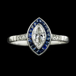 Halo Marquise Oud Geslepen Natuurlijke uit de aarde gewonnen Diamant & Trapezium Saffier Ring 3.50 Karaat