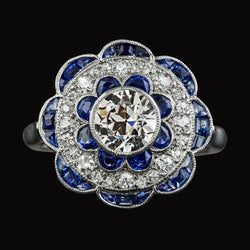 Halo Old Cut Echt Diamond & Blue Sapphires Ring Flower Style 4,50 Karaat