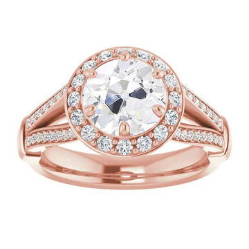 Halo Oude Mijn Geslepen Echt Diamant Ring Gespleten Schacht Rose Goud 6,75 Karaat