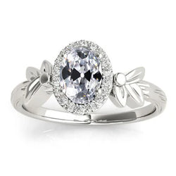 Halo Ovale Oude Mijnwerker Natuurlijke uit de aarde gewonnen Diamanten Ring Blad Vintage Stijl 4 Karaat