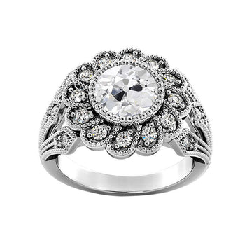 Halo Ring Bezel Set Ronde Oude Mijnwerker Echt Diamanten Bloem Antieke Stijl 3,25 Karaat