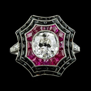 Halo Ring Old Cut Echt Diamond Bezel Zwarte Onyx & Roze Saffieren 5 Karaat