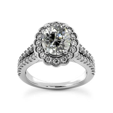 Halo Ring Oud Geslepen Ovale Echt Diamanten Bloem Stijl 6 Karaat Gespleten Schacht