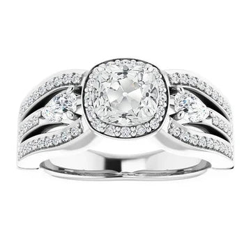 Halo Ring Peer & Kussen Oud Geslepen Echt Diamant 3 Steenstijl 7 Karaat