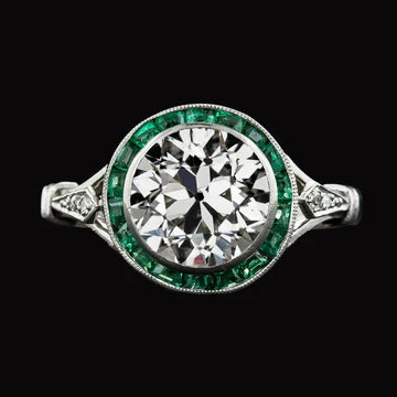 Halo Ring Rond Old Mine Cut Echt Diamond & Baguette Emerald 5 Karaat