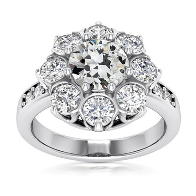 Halo Ring Ronde Old Mine Cut Echt Diamond 8 Prong Set 8 Karaat