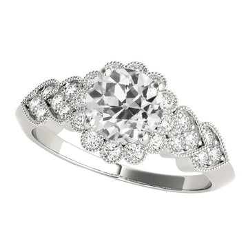 Halo Ronde Oude Geslepen Echt Diamanten Ring Bloem Hart Stijl 4,50 Karaat Milgrain