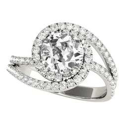 Halo Ring met Ronde Oud Geslepen Natuurlijke uit de aarde gewonnen Diamant, Gedraaide Gespleten Ringband, Goud, 5 Karaat