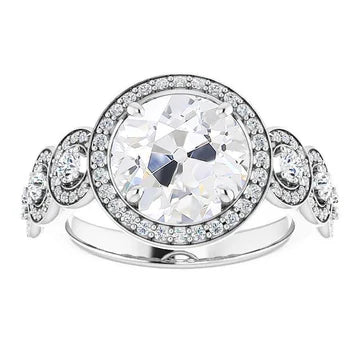 Halo Round Old Cut Echt Diamond Ring Met Accenten Prong Set 10 Karaat