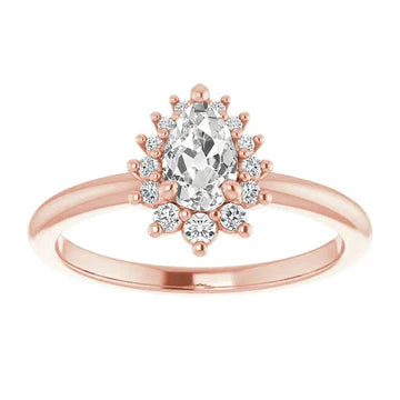 Halo Round & Pear Old Mine Cut Echt Diamond Ring 3,25 Karaat Roségoud