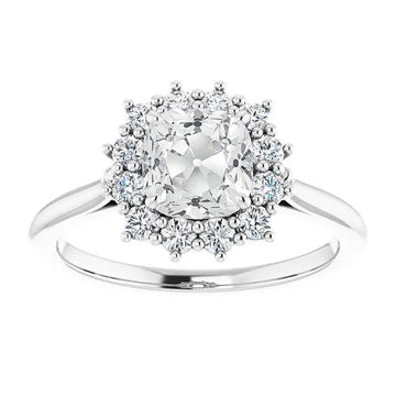 Halo Trouwring Kussen Old Mine Cut Echt Diamond Flower Style 7 Carats