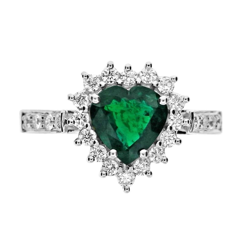 Hartgeslepen groene smaragd en diamanten verlovingsring 6 karaat witgoud 14K