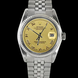 Heren Datumjust horloge gecanneleerde rand Roestvrij staal Champagne Romeinse wijzerplaat Rolex snel ingesteld
