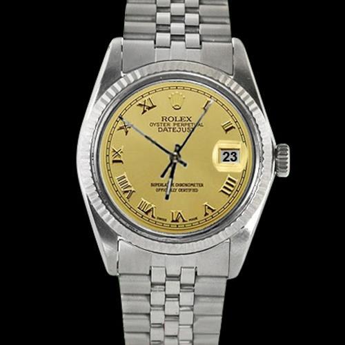 Heren Datumjust horloge gecanneleerde rand Roestvrij staal Champagne Romeinse wijzerplaat Rolex snel ingesteld
