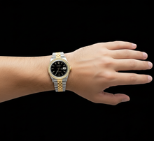 Afbeelding in Gallery-weergave laden, Heren Rolex Datumjust Horloge Zwarte Stok Wijzerplaat Diamanten Lunette Tweekleurig
