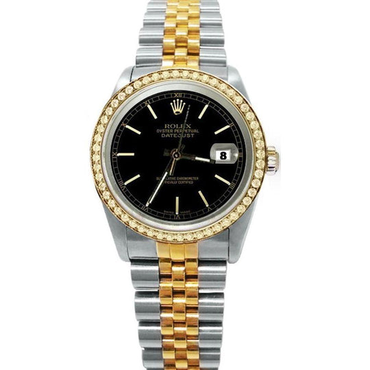 Heren Rolex Datumjust Horloge Zwarte Stok Wijzerplaat Diamanten Lunette Tweekleurig
