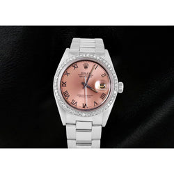 Herenhorloge roestvrij staal oester met zalmkleurige wijzerplaat diamanten rand Rolex Datumjust snel ingesteld