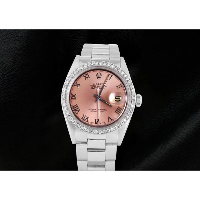Herenhorloge roestvrij staal oester met zalmkleurige wijzerplaat diamanten rand Rolex Datumjust snel ingesteld
