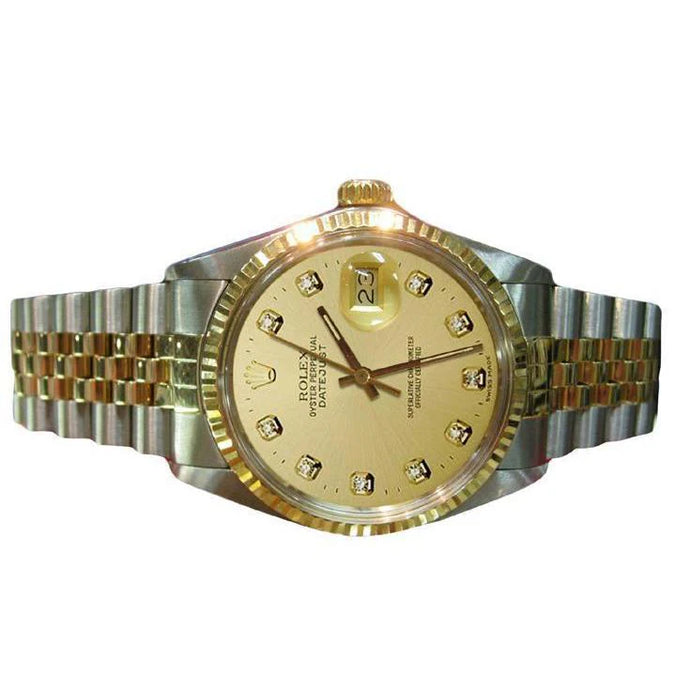 Horloge met champagnekleurige diamanten wijzerplaat Rolex Datumjust tweekleurige snel ingesteld
