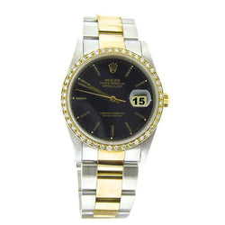 Horloge van roestvrij staal en goud met zwarte wijzerplaat en diamanten rand Rolex Datumjust