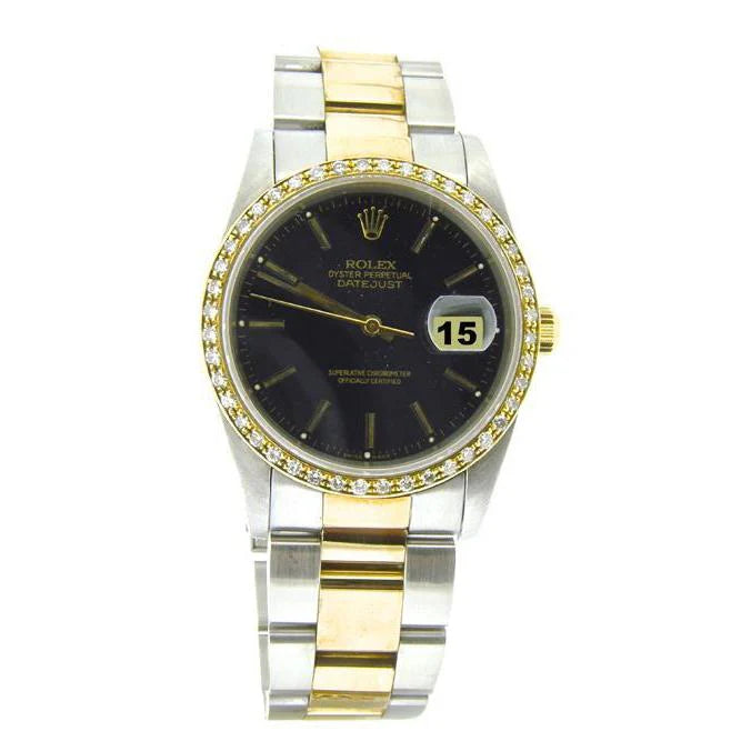 Horloge van roestvrij staal en goud met zwarte wijzerplaat en diamanten rand Rolex Datumjust
