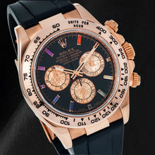 Afbeelding in Gallery-weergave laden, Rolex Cosmograph Daytona 116515LN 40 mm Zwarte Diamanten Wijzerplaat met Regenboog Uurmarkeringen Zwarte Oysterflex-band
