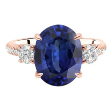 Afbeelding in Gallery-weergave laden, Jubileum Ovale Ceylonese Saffier Ring Drie Steen Stijl Natuurlijke uit de a aarde gewonnen Diamanten 5 Karaat
