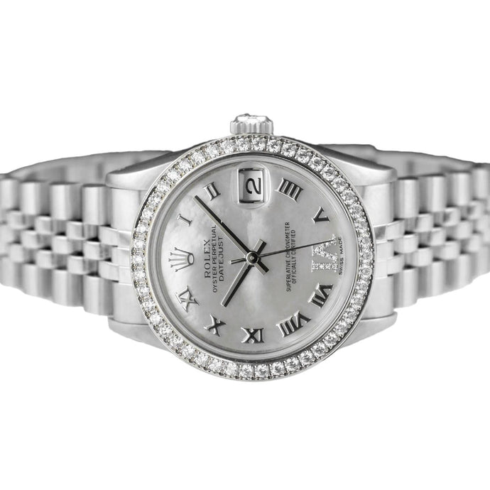 Jubileumarmband Aangepaste diamanten rand Midsize Datumjust Rolex-horloge roestvrij staal