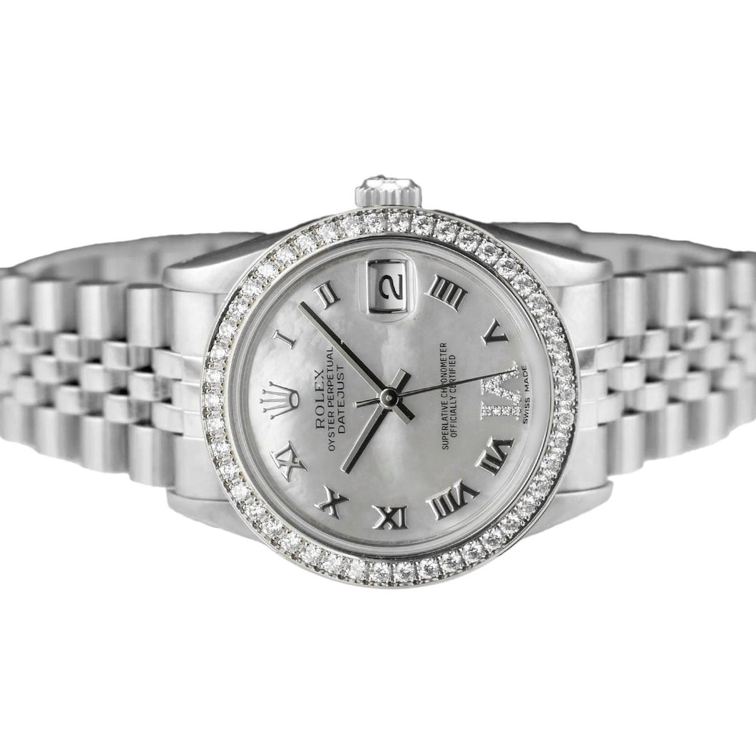 Jubileumarmband Aangepaste diamanten rand Midsize Datumjust Rolex-horloge roestvrij staal