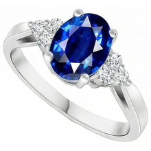 Afbeelding in Gallery-weergave laden, Kathedraal Zetting Ovale Ceylonese Saffier &amp; Natuurlijke uit de aarde gewonnen Diamanten Ring Witgoud
