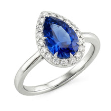 Afbeelding in Gallery-weergave laden, Klassieke Halo Ring met uit de aarde gewonnen Diamanten, Peer Saffier Centraal, Goud 14K, 6.75 Karaat
