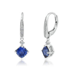 Kussen Ceylon Sapphire En Ronde Diamant Dangle Earring 2.40 Ct.