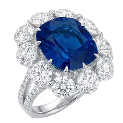 Kussen Saffier En Ronde Natuurlijke uit de aarde gewonnen Diamanten 10.50 Ct Ring Witgoud 14K
