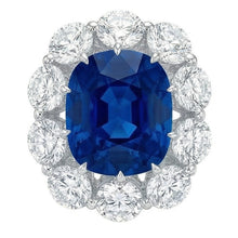 Afbeelding in Gallery-weergave laden, Kussen Saffier En Ronde Natuurlijke uit de aarde gewonnen Diamanten 10.50 Ct Ring Witgoud 14K
