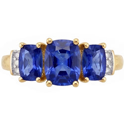 Kussen Geslepen Sri Lanka Blauwe Saffier Natuurlijke uit de aarde gewonnen Diamanten Ring Drie Stenen 5.26 Karaat Geelgoud 14K