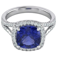 Afbeelding in Gallery-weergave laden, Kussen Tanzaniet Halo Edelsteen Ring 6,50 karaat gespleten schacht
