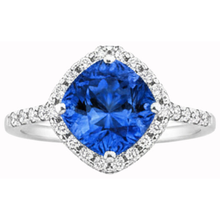 Afbeelding in Gallery-weergave laden, Kussen geslepen blauwe saffier &amp; ronde Natuurlijke echte diamanten ( niet in een laboratorium gekweekt ) ring 3 ct. Wit goud 14K
