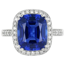 Afbeelding in Gallery-weergave laden, Ring met blauwe saffier (kussen- en ronde slijpvorm), 4.55 karaat natuurlijke uit de aarde gewonnen diamanten, 14K WG
