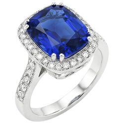 Ring met blauwe saffier (kussen- en ronde slijpvorm), 4.55 karaat natuurlijke uit de aarde gewonnen diamanten, 14K WG