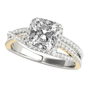 Kussen Old Cut Echt Diamond Halo Ring Triple Split Shank 9,50 Karaat