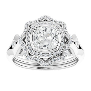 Kussen Old Mine Cut Echt Diamond Double Halo Ring Bezel Set 6,75 Karaat