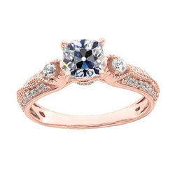 Kussen Oud Mijn Slijpsel Echte Natuurlijke uit de aarde gewonnen Diamanten Ring 3-Steens Stijl Milgrain 4 Karaat