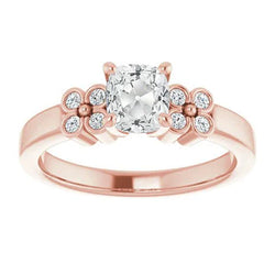 Trouwring met kussenvormige Old Mine Cut natuurlijke uit de aarde gewonnen diamant, bloemstijl, 4 karaat